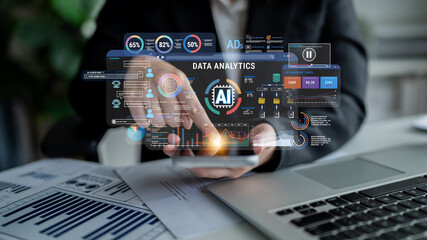 Data Analytics Technology with AI Interface in a Business Setting, Hands Engaging with Digital...