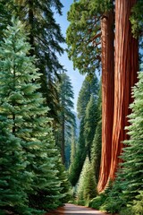 Fototapeta premium Giant sequoia and towering redwood trees lining a peaceful forest path through dense green woodland