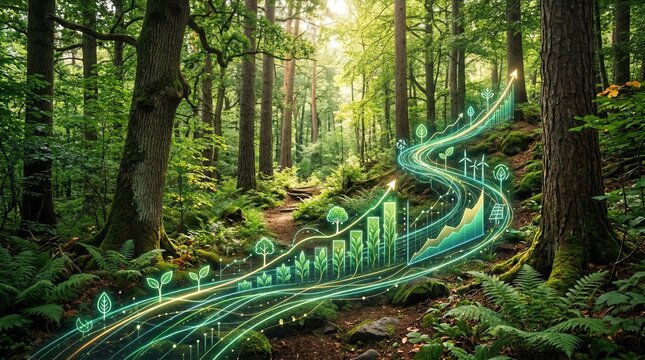 Conceptual 3D illustration of a winding green path turning into a rising upward arrow graph with bar charts and tree icons in a lush forest