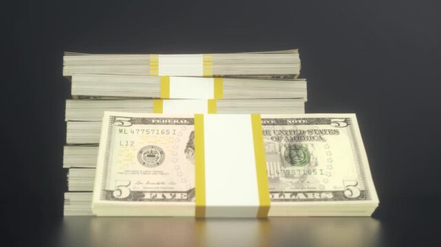 Stacks of Cash Bundles on Dark Reflective Background