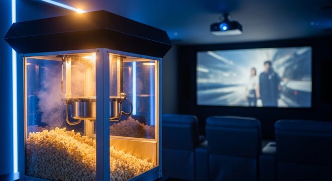 Fresh popcorn machine in a modern home theater with neon lights and a movie screen, perfect for entertainment ambiance