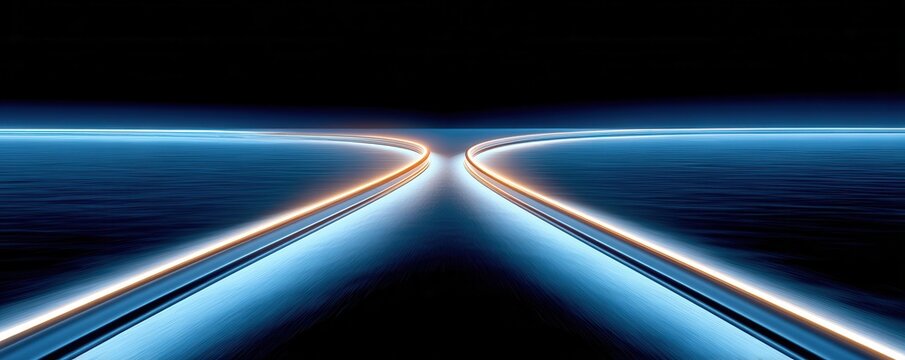 Blue glowing train track splitting into two diverging paths symbolizing choices and futuristic journey