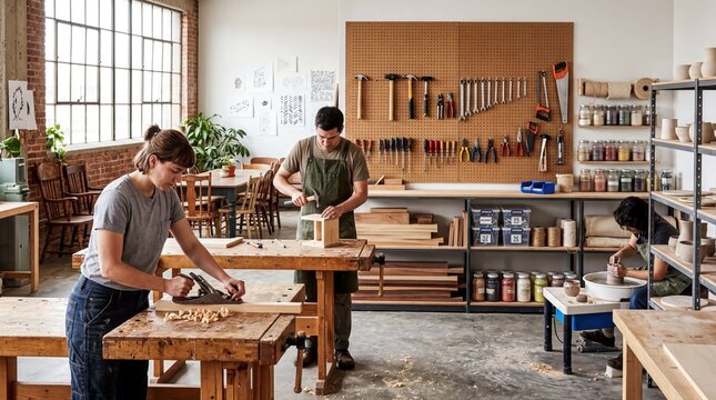 creative workshop space, a vibrant maker space filled with tools, wood, clay, and natural light