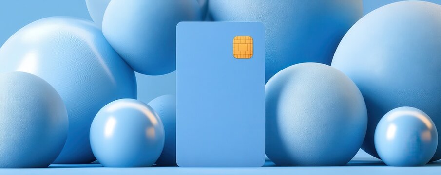 Bright blue EMV chip credit card standing vertically among soft blue spheres for modern payment concept