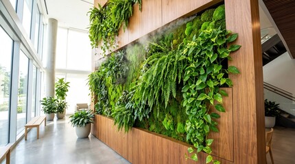 Fototapeta premium indoor plant design, a vibrant green living wall featuring ferns and pothos in sleek wood paneling