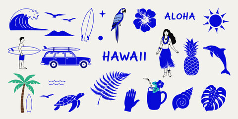 Hawaiian vacation elements with surfboard car palm tree and tropical flora on beige background ©  Sifat Visuals