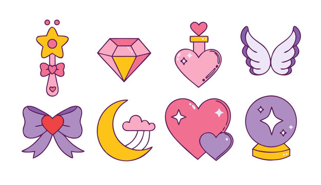 Magical elements collection with wand diamond potion wings bow moon hearts and crystal ball on white background