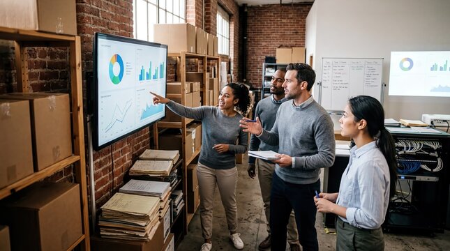 business transformation, employees engaging with large screens displaying vibrant analytical data