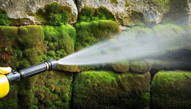 pressure washer cleaning mossy concrete wall with high pressure water spray for maintenance and cleaning service banner