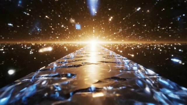 Abstract cosmic journey through hyperspace with glowing light particles and reflective surface warp speed