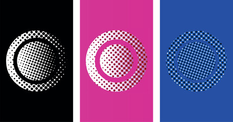 Three colorful halftone dot pattern circle designs on black, pink, and blue backgrounds, creating a visually striking contrast and pop art effect. © RAC.Design-Magic