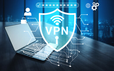 Fototapeta premium Digital Security Concept with Laptop and VPN Shield Symbol in Modern Office Setting for Online Privacy and Data Protection Themes Haptic.