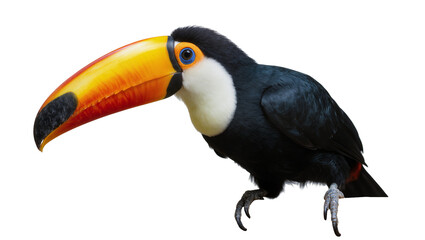 Obraz premium Isolated Toco Toucan exotic bird with vibrant yellow-orange beak and striking black-white plumage
