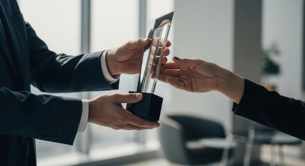 Naklejka premium Hands exchanging a modern glass award in a bright, contemporary office, symbolizing achievement and recognition.