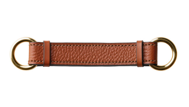 Isolated elegant brown leather strap featuring detailed stitching and shiny golden metal rings