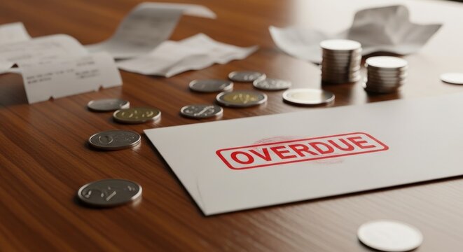 Overdue envelope with coins and receipts on a wooden table, symbolizing financial urgency and debt.