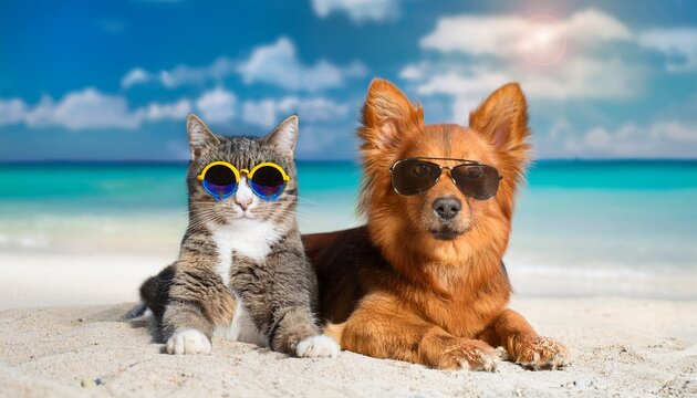 dog and cat wearing sunglasses relaxing on tropical beach