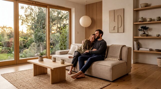 cozy interior design, a couple enjoys a cozy moment on a low sofa in a serene japandi living room