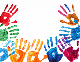 Fototapeta premium Vibrant Multicolored Handprints on a White Playful and Creative Background