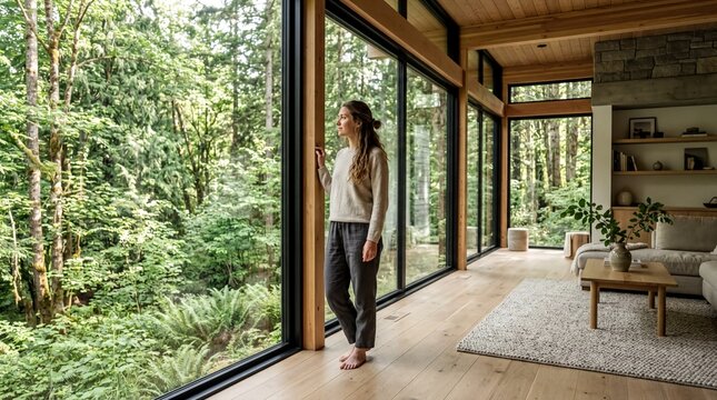 modern living space, a person stands peacefully by large windows in a serene modern home