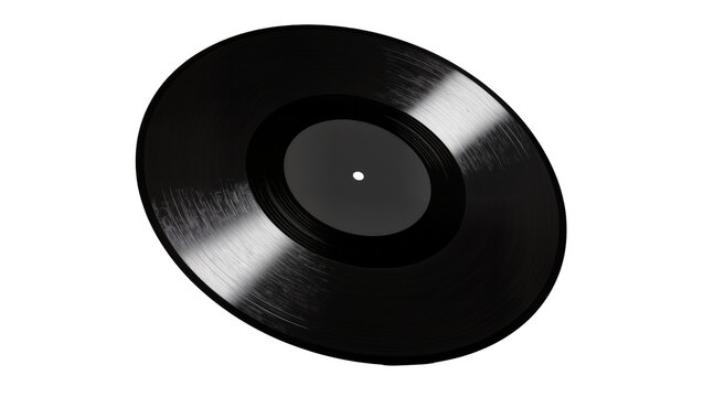 Isolated black vinyl record, classic music album disc with shiny reflective grooves