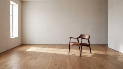 Fototapeta premium minimalist interior design, a serene interior features a single handmade chair on elegant oak flooring