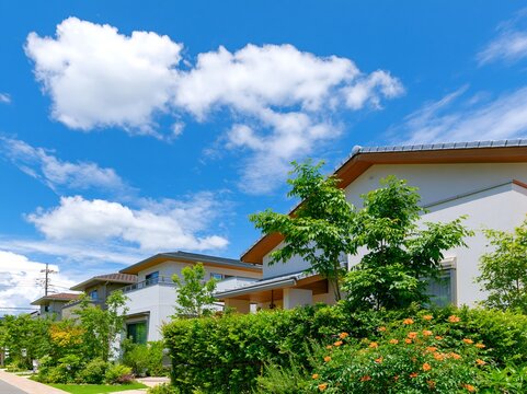 日差しが明るい青空と緑が美しい新築住宅が並ぶ街