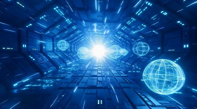 Futuristic digital grid cyberspace with holographic globes and dynamic blue lighting dynamic lighting