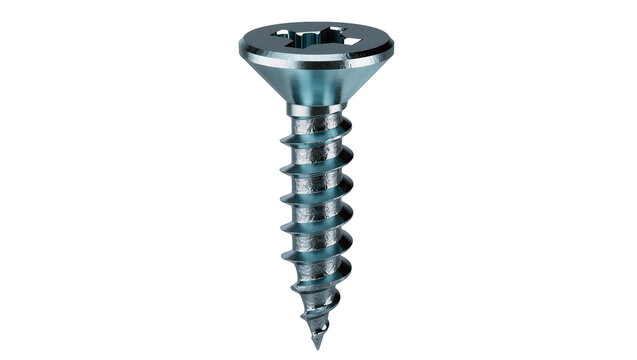 Isolated shiny metal self-tapping screw with countersunk head and square drive closeup