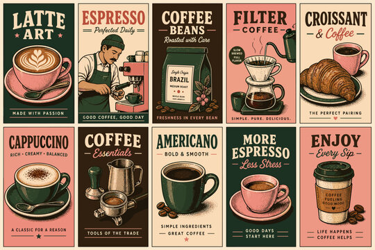 Collection of coffee drinks and brewing methods in vintage poster style
