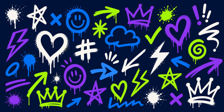 Graffiti elements collection with spray paint drips and vibrant colors