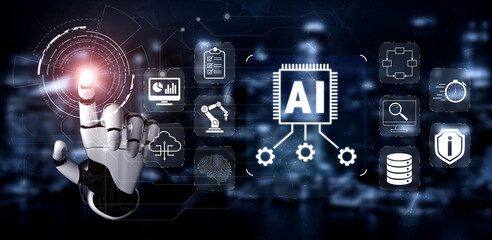 Fototapeta premium Futuristic Technology Concept Showcasing Artificial Intelligence and Data Analysis with Robotic Hand Interacting with Digital Interfaces and Icons Quark.