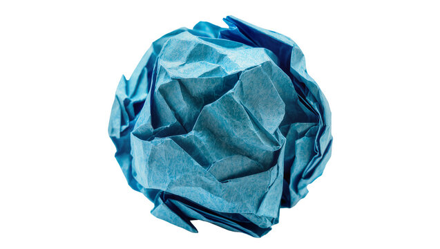 Isolated textured blue paper ball, representing discarded ideas, failure, or problem-solving