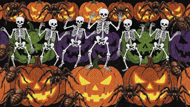 Animated vector tapestry background with woven eerie pumpkins dancing in repeating pattern. Flat illustration with textured fabric details for seasonal Halloween holiday theme.