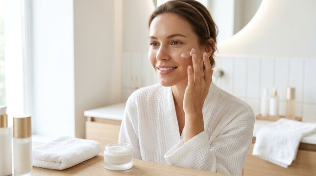 Woman Applying Moisturizer Cream to Face