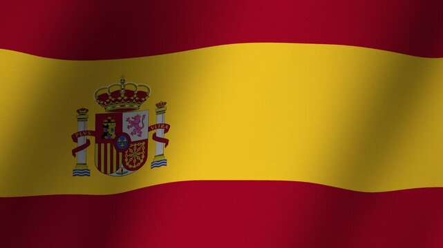 Spain Spanish Flag Waving: A detailed close-up of the national flag of Spain, its bold red and yellow stripes and coat of arms rippling gently in an unseen breeze, symbolizing national pride 