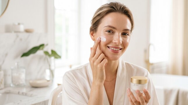 Woman Applying Moisturizer Cream to Face