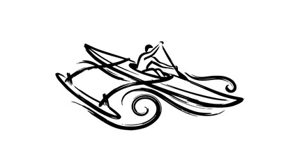 Outrigger canoe rowing on ocean waves illustration. © bakooh