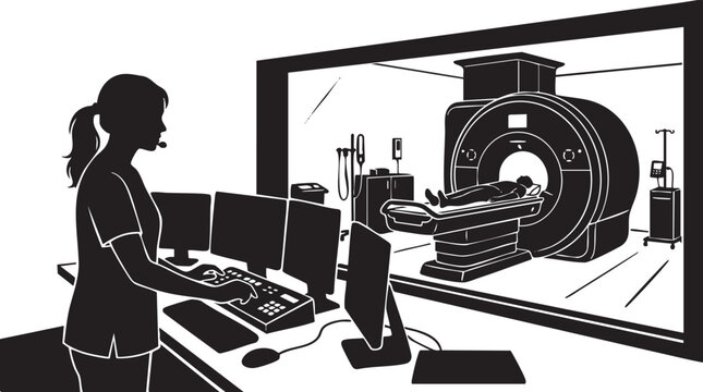 Medical Professional Operating MRI Machine in Hospital Black Silhouette