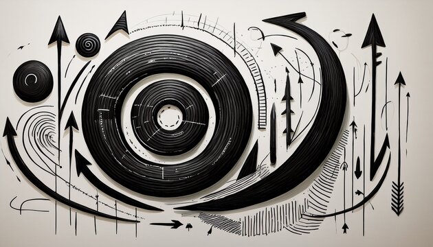 assorted hand drawn chunky black arrows and circular symbols for creative layout and ui design