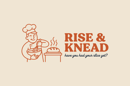 Bakery logo design featuring a smiling chef whisking batter and freshly baked bread loaf