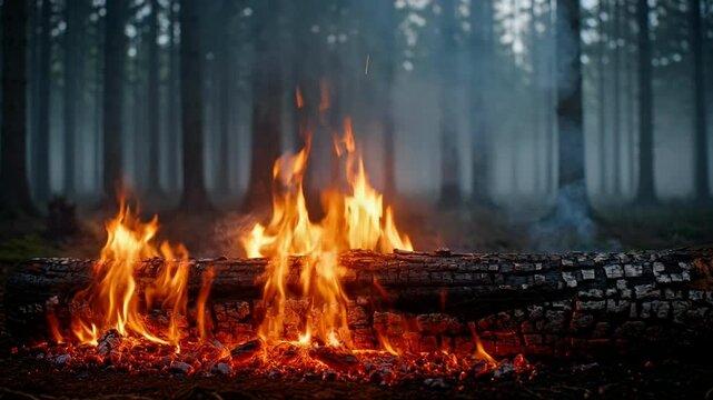 Campfire burning brightly in a forest setting at night with flickering flames and smoke rising surrounded by trees and emitting warm glow