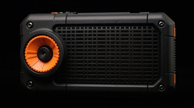 Rugged portable black speaker with orange accents sits on dark background. Compact, durable for outdoor use. Device plays music wirelessly with clear sound quality. Tough exterior protects against