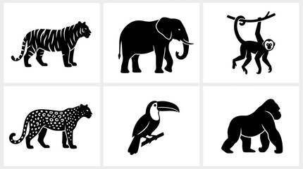 Obraz premium Wildlife silhouette icons featuring tiger elephant monkey leopard toucan and gorilla for nature conservation and tropical jungle safari design works