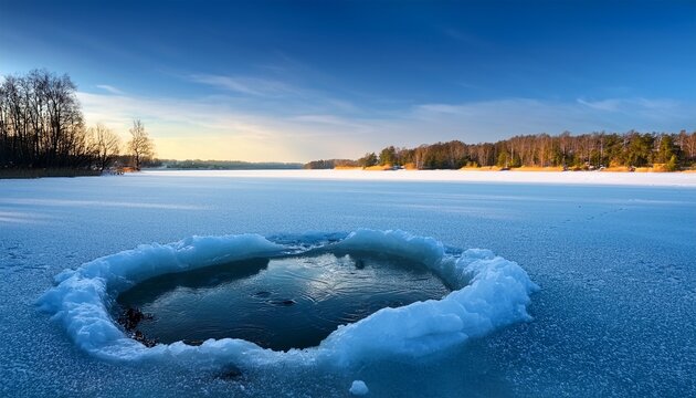 ice fishing hole in frozen lake