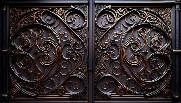 intricate wrought iron gate texture background featuring ornate scrolls and geometric patterns in dark elegant metal ideal for adding a touch of sophistication to architectural renderings