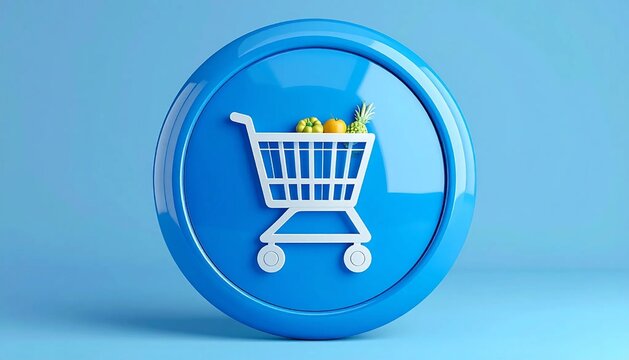 Glossy blue circular button with white grocery cart filled with produc