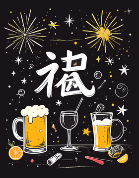  Cartel festivo con fuegos artificiales, bebidas alcoh&oacute;licas y el car&aacute;cter chino 福 que significa felicidad y buena fortuna.

