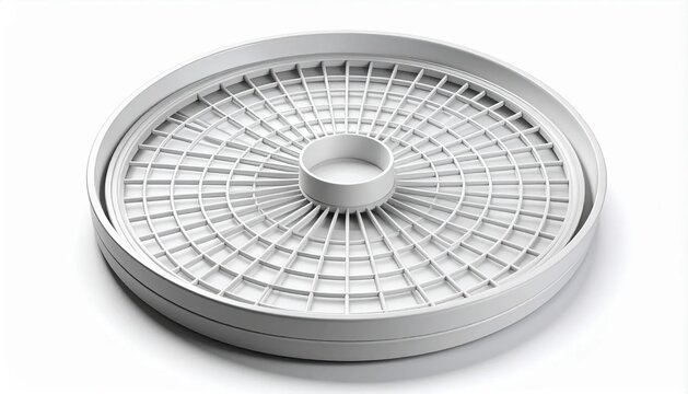 3D round dehydrator tray with grid surface icon isolated on white back