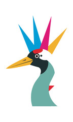 Obraz premium Stylized crane bird head with a sharp spiky mohawk crest and geometric accents isolated on white graphic animal art concept